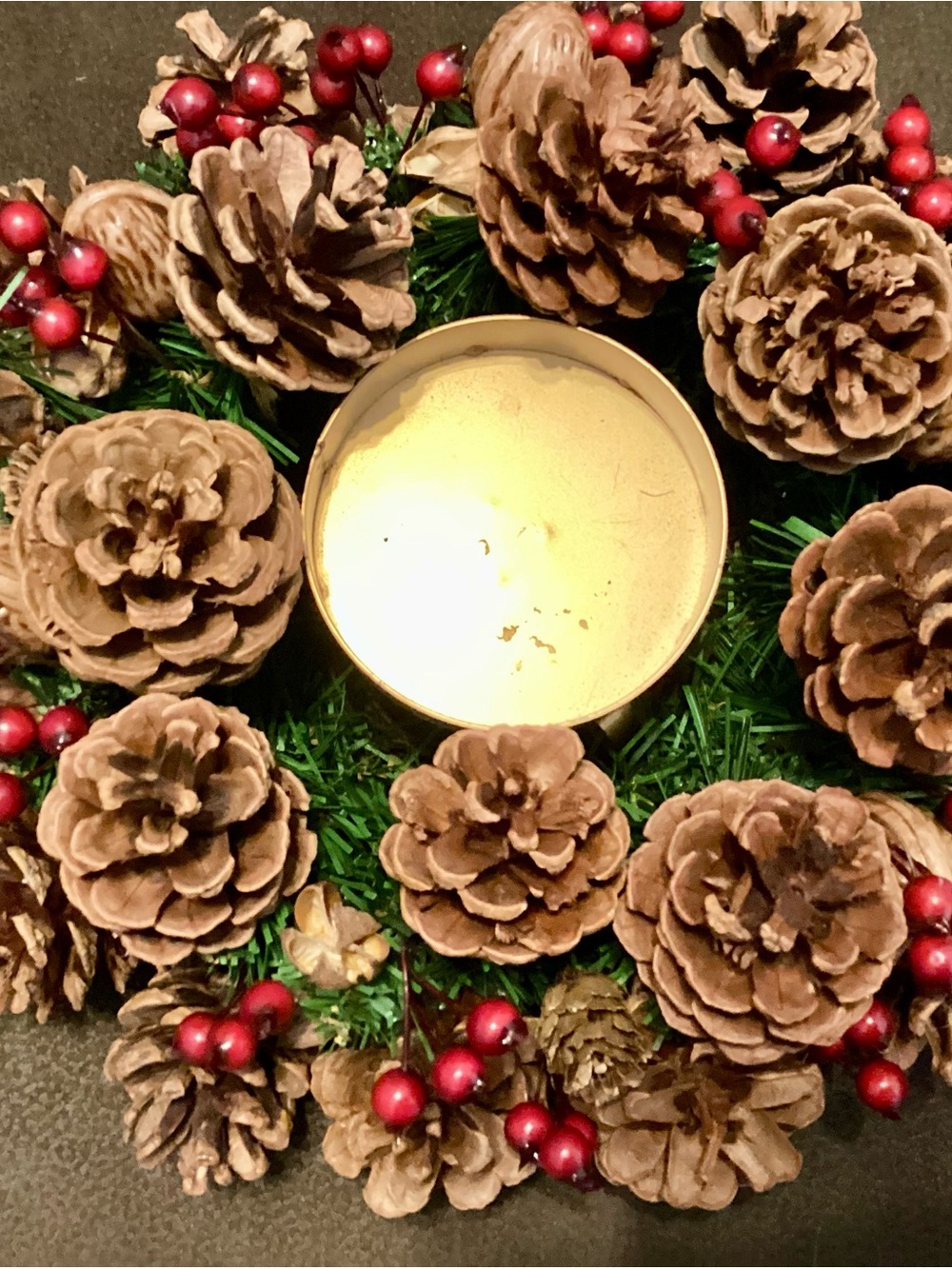 Holiday Pinecone and Berry Candle Wreath - Brown/Red